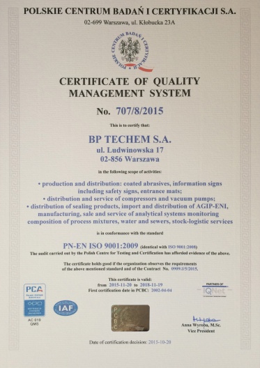 Certyficate of Quality Management System PN-EN ISO 9001-2009