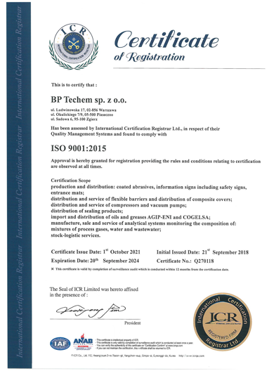 Quality Management Certificate ISO 9001-2015